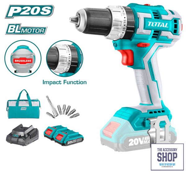Impact Drill Li-ion Brushless Drill 13mm with 2 x Battery & 1 x Charger Total Tools 42777 TIDLI20608