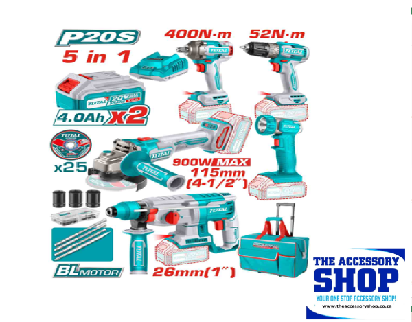 Combo Deal Industrial 5 Pcs Drill, Impact Wrench, Rotary Hammer, Grinder, Work Lamp Total tools TCKLI2058