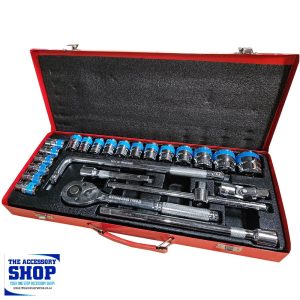 Socket set 24 piece 1/2 inch in metal tool box CR-V King Tools