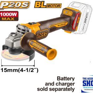 Angle Grinder 3 Speed Brushless 115mm 1000W Cordless 20V Lithium-ion Ingco CAGLI27153