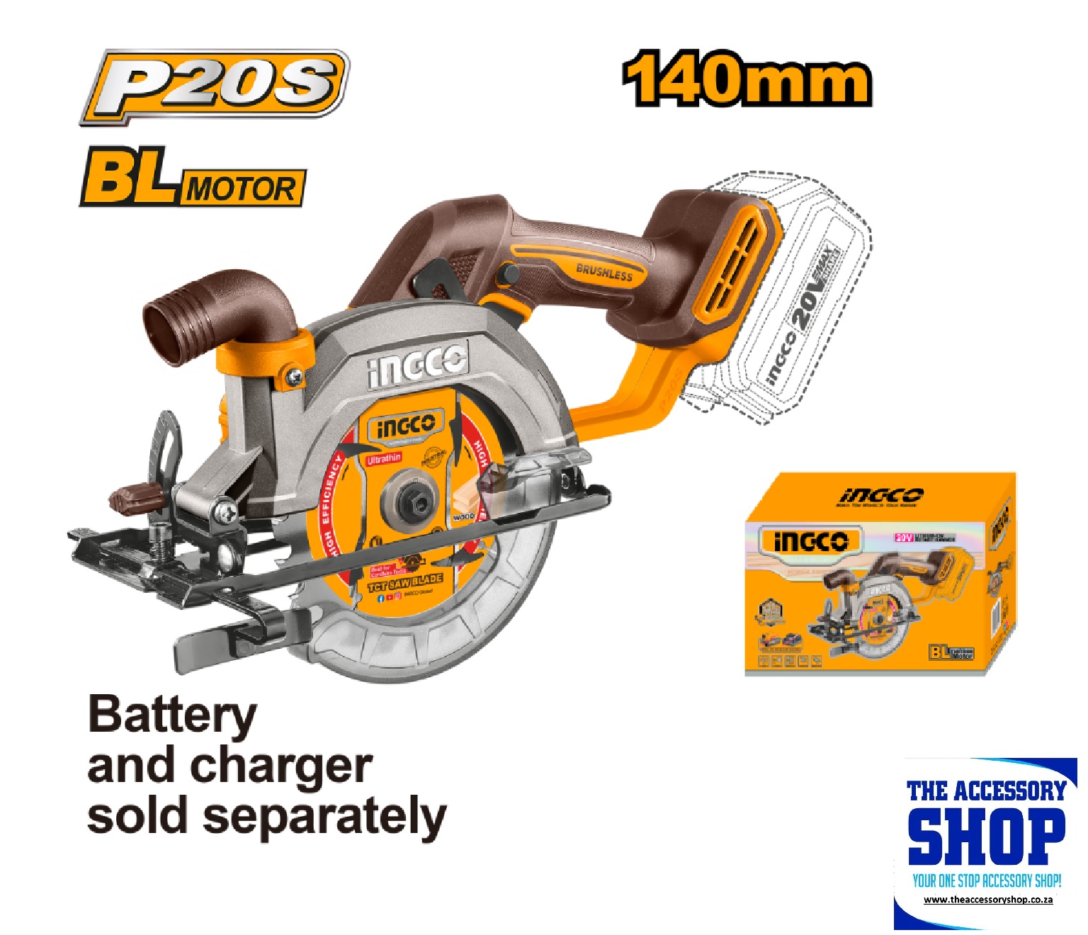 Circular Saw 140 mm Cordless Motor 20V Tool Only Ingco CSLI1402