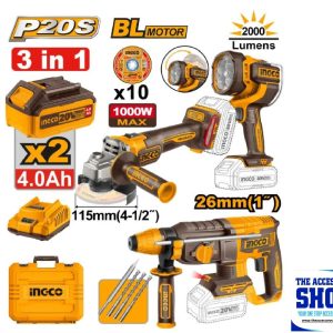 Combo Kit Rotary Hammer Drill, Angle Grinder and Work Lamp Ingco COSLI250183