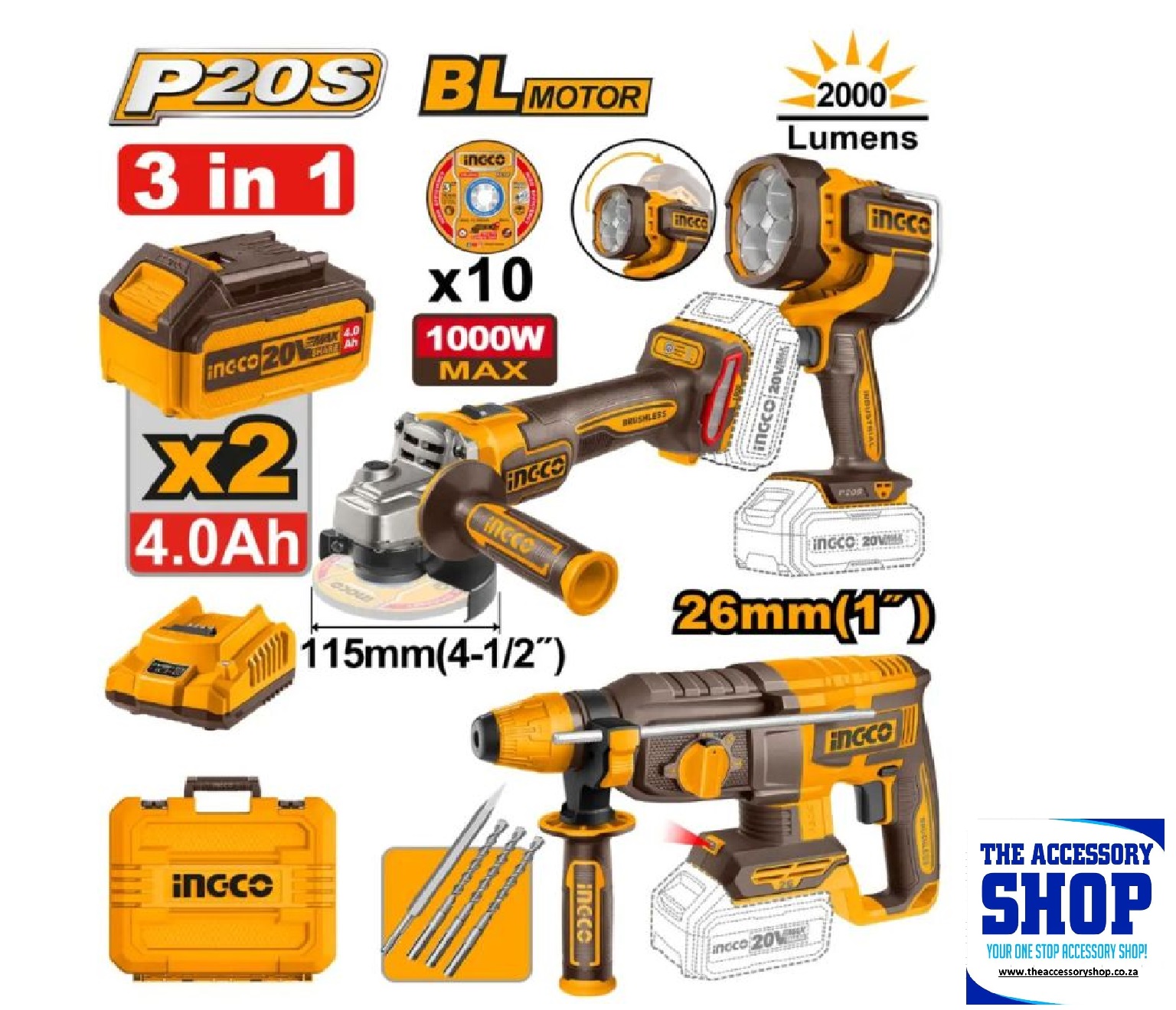 Combo Kit Rotary Hammer Drill, Angle Grinder and Work Lamp Ingco COSLI250183