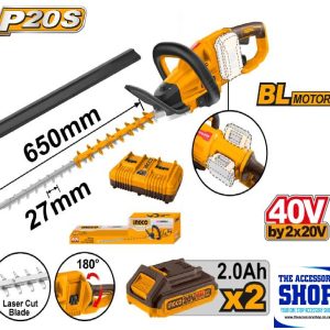 Hedge Trimmer 650 mm 40v Cordless 2x 2.0Ah battaries and Charger Ingco CHTLI400282