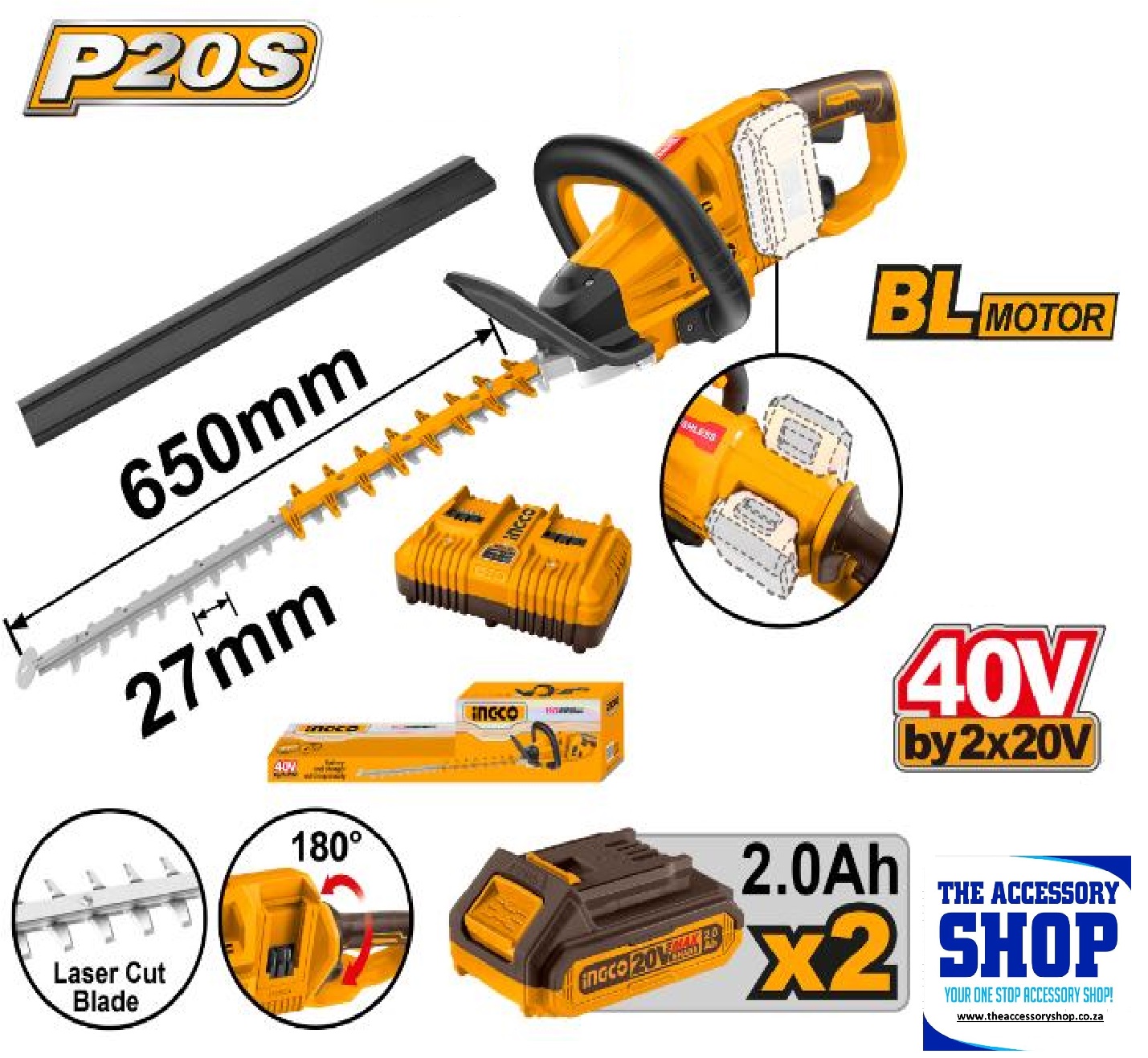 Hedge Trimmer 650 mm 40v Cordless 2x 2.0Ah battaries and Charger Ingco CHTLI400282