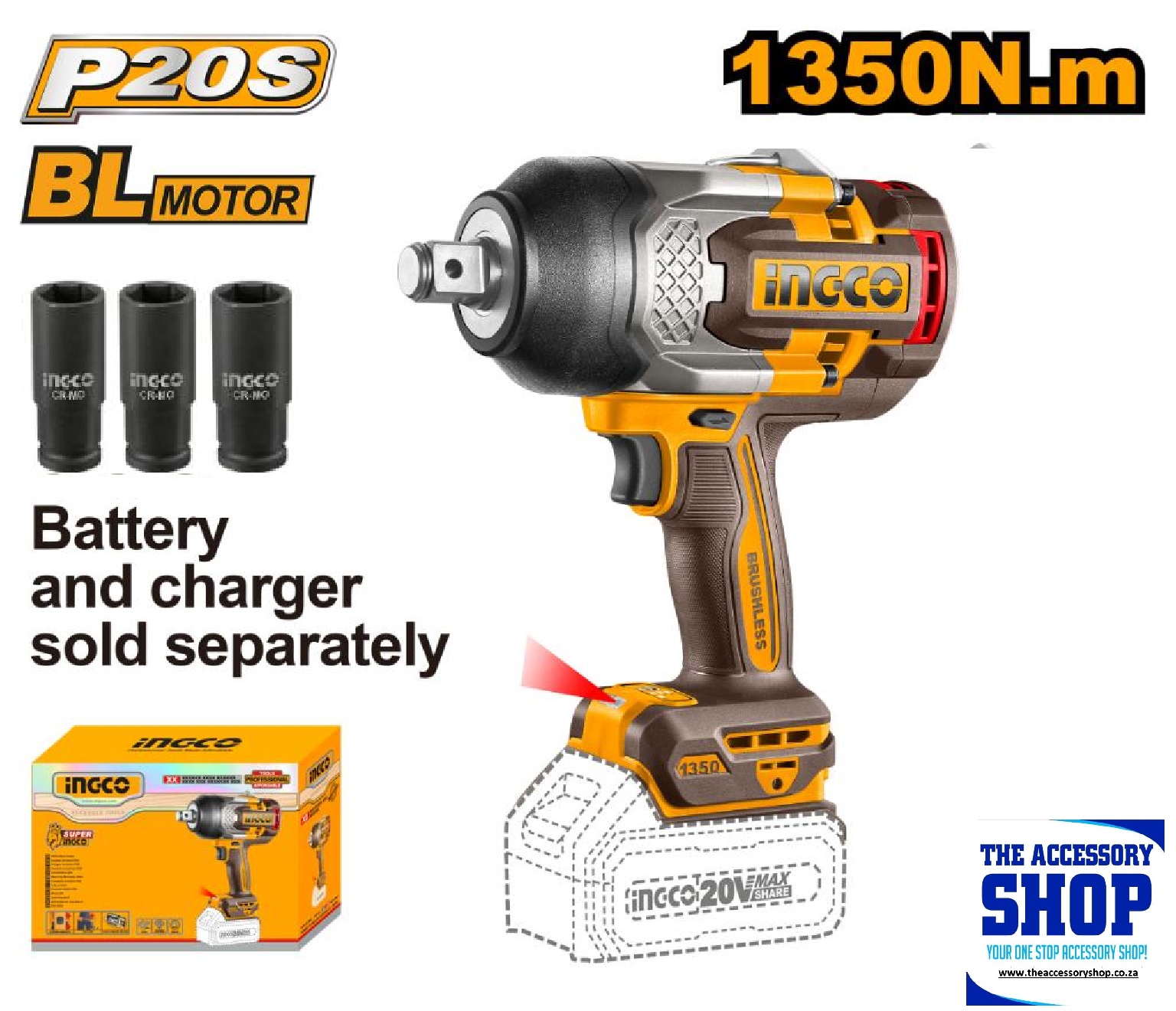Impact Wrench 1,350Nm 3/4" Drive Cordless 20V (Tool Only) Ingco CIWLI201351