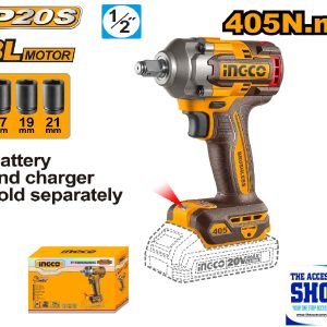 Impact Wrench 405Nm 1/2"Drive Cordless 20V (Tool Only) Ingco CIWLI20451