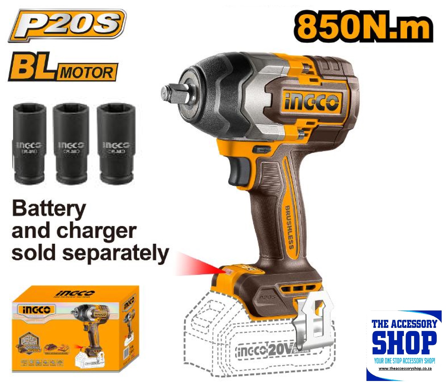 Impact Wrench 850Nm 1/2"Drive Cordless 20V (Tool Only) Ingco CIWLI20851